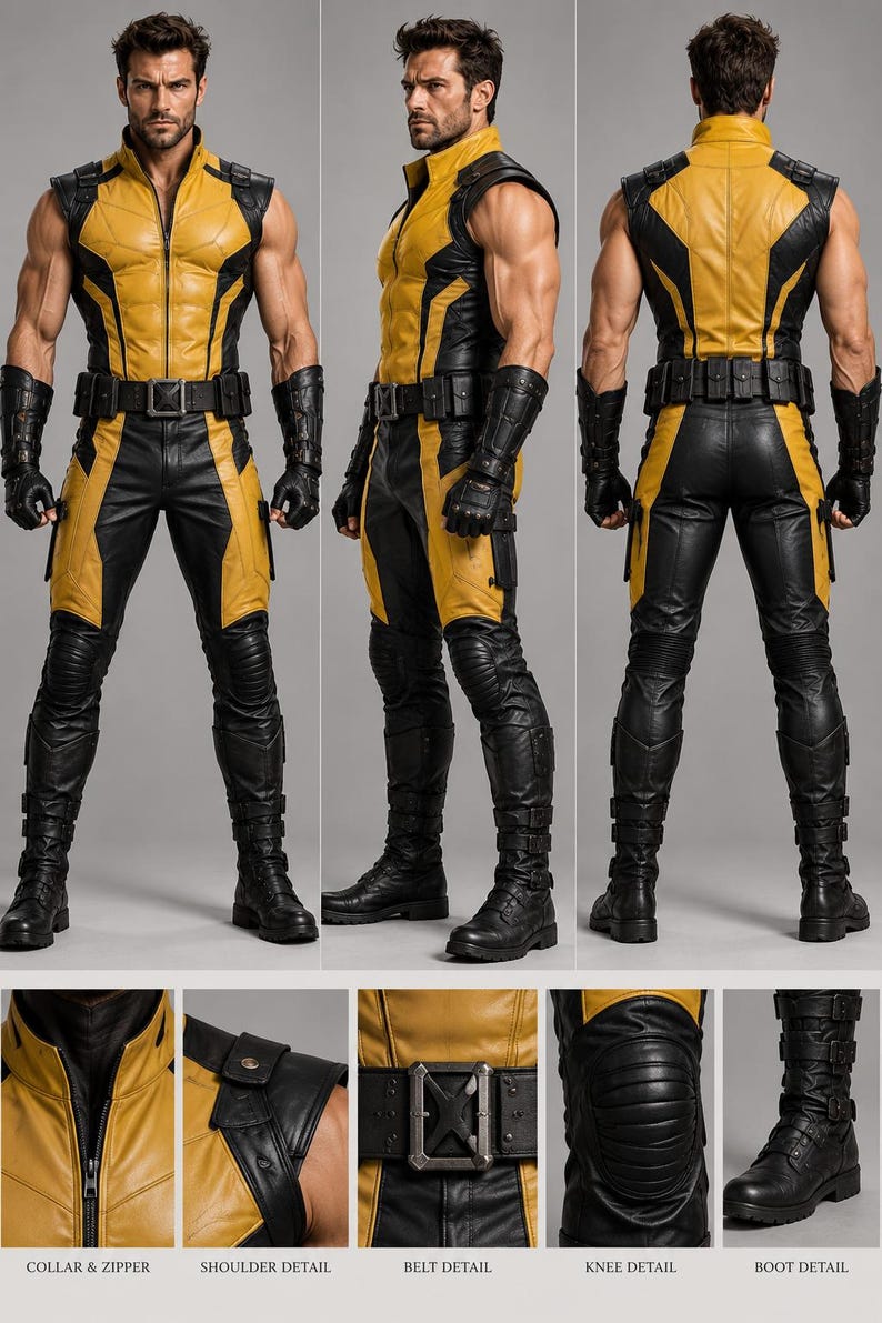 May include: A sleeveless yellow and black jumpsuit featuring a front zipper, a high collar, and a utility belt. The outfit includes matching black gauntlets and tall boots with buckle straps. Detailed panels show the collar, shoulder, belt, knee, and boot.