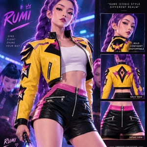 May include: A yellow cropped leather jacket with black accents and star patches, paired with black leather shorts featuring pink side stripes and a front zipper. The outfit includes a white crop top and is presented with text overlays.