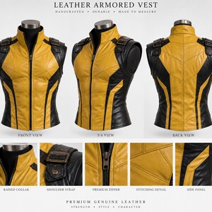 May include: A leather armored vest in yellow and black, featuring a raised collar, front zipper, and shoulder straps with buckles. The design includes detailed panel stitching and side panels. Text reads: LEATHER ARMORED VEST, HANDCRAFTED, DURABLE, MADE TO MEASURE, PREMIUM GENUINE LEATHER, STRENGTH, STYLE, CHARACTER.