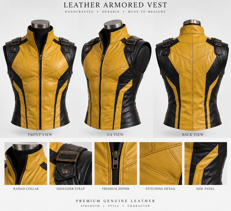May include: A leather armored vest in yellow and black, featuring a raised collar, front zipper, and shoulder straps with buckles. The design includes detailed panel stitching and side panels. Text reads: LEATHER ARMORED VEST, HANDCRAFTED, DURABLE, MADE TO MEASURE, PREMIUM GENUINE LEATHER, STRENGTH, STYLE, CHARACTER.