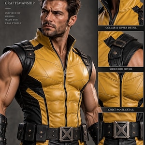 May include: A sleeveless yellow and black leather vest featuring a high collar, a full-length front zipper, and a utility belt with a metallic X-shaped buckle. The garment includes detailed stitching on the chest panels and shoulder straps.