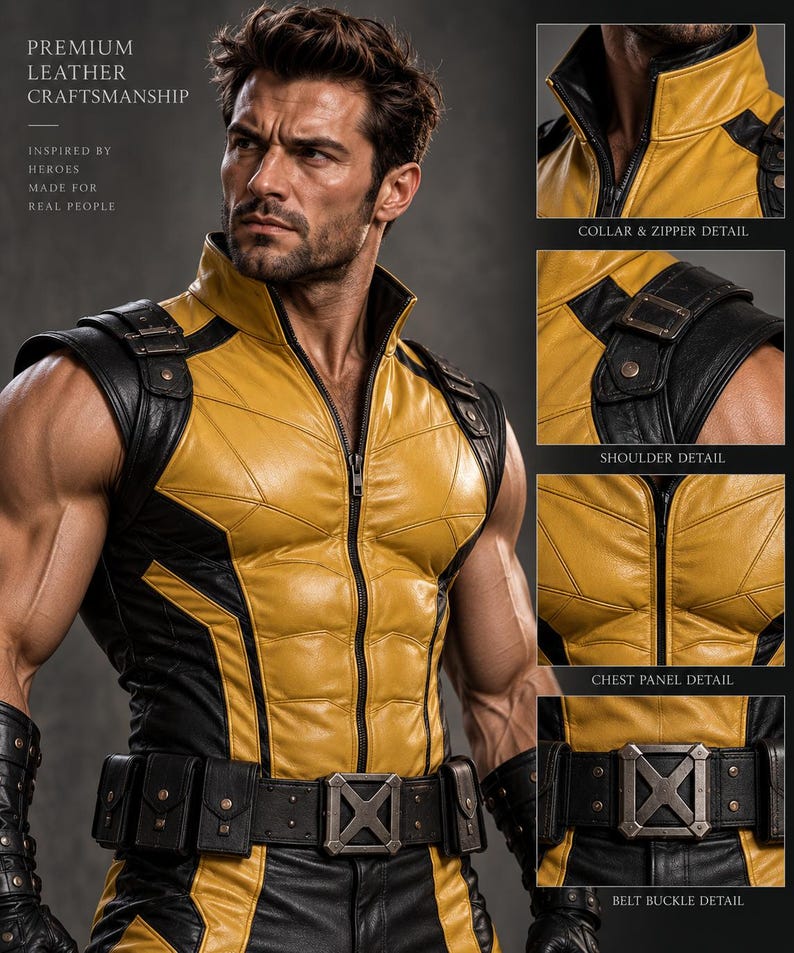 May include: A sleeveless yellow and black leather vest featuring a high collar, a full-length front zipper, and a utility belt with a metallic X-shaped buckle. The garment includes detailed stitching on the chest panels and shoulder straps.