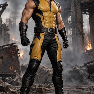 May include: A sleeveless yellow and black tactical vest with a front zipper, paired with matching yellow and black trousers featuring reinforced knee panels, a utility belt with a central buckle, black gauntlets, and black combat boots.