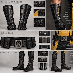 May include: Black leather gauntlets with metallic studs and straps, a black utility belt featuring a central X-shaped buckle and multiple pouches, and black leather boot gaiters with multiple buckle straps and reinforced hardware details.