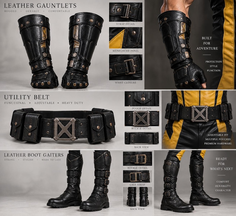 May include: Black leather gauntlets with metallic studs and straps, a black utility belt featuring a central X-shaped buckle and multiple pouches, and black leather boot gaiters with multiple buckle straps and reinforced hardware details.