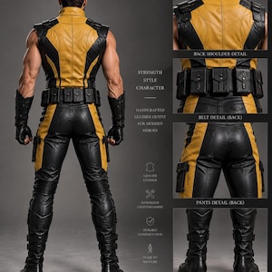 May include: A yellow and black leather sleeveless vest, pants, and boots set. The vest features shoulder panels and a high collar. A utility belt with multiple pouches is worn at the waist. The pants have side pockets, and the boots are mid-calf height.