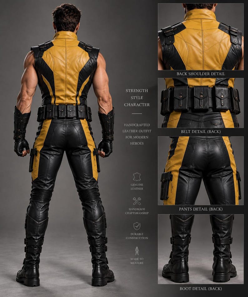 May include: A yellow and black leather sleeveless vest, pants, and boots set. The vest features shoulder panels and a high collar. A utility belt with multiple pouches is worn at the waist. The pants have side pockets, and the boots are mid-calf height.