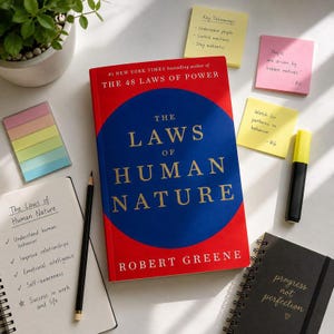 May include: The book titled The Laws of Human Nature by Robert Greene features a red cover with a large blue circle and gold text. It is surrounded by a spiral notebook with handwritten notes, a black pencil, a yellow highlighter, and sticky notes.