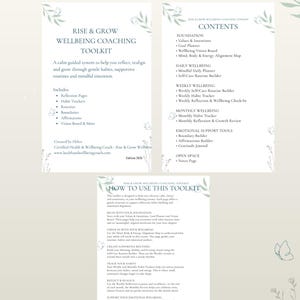 Op de afbeelding: Een Rise & Grow Wellbeing Coach Toolkit documentenset met drie pagina's tekst, inclusief een titelpagina, een inhoudspagina en een handleiding. De pagina's zijn versierd met lichtgroene botanische illustraties en kleine omtrekken van vlinders.