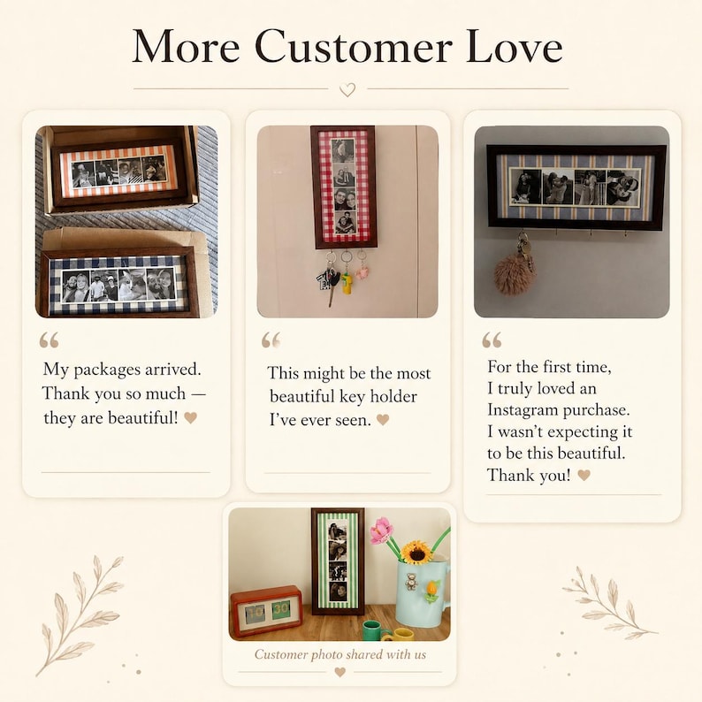 May include: A collection of rectangular wooden photo frames with fabric borders in various patterns, including gingham and stripes. Some frames function as wall-mounted key holders with metal hooks, displaying multiple black and white photos.