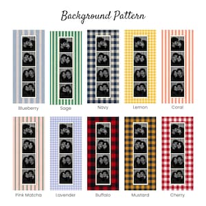 May include: A collection of ten vertical rectangular photo strips featuring a black and white portrait of a couple in four frames. Each strip has a unique background pattern labeled Blueberry, Sage, Navy, Lemon, Coral, Pink Matcha, Lavender, Buffalo, Mustard, and Cherry.