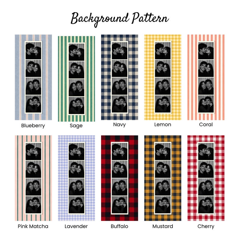 May include: A collection of ten vertical rectangular photo strips featuring a black and white portrait of a couple in four frames. Each strip has a unique background pattern labeled Blueberry, Sage, Navy, Lemon, Coral, Pink Matcha, Lavender, Buffalo, Mustard, and Cherry.