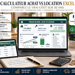 Peut inclure: Un calculateur numérique d'achat immobilier versus location affiché sur un écran d'ordinateur et de tablette. L'interface présente des tableaux de bord financiers, des comparaisons de coûts sur 30 ans et des graphiques. Inclut calculatrice et clés.