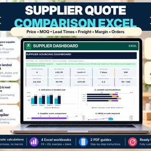 Peut inclure: Un écran d'ordinateur affichant un tableau de bord Excel de comparaison de devis fournisseurs avec des graphiques, des tableaux de données et des indicateurs. L'interface présente des sections sur les prix, les coûts et les délais.