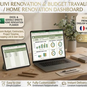 Peut inclure: Un tableau de bord numérique de rénovation résidentielle affiché sur un écran d'ordinateur portable et de tablette. L'interface présente des feuilles de calcul Excel et Google Sheets pour suivre les budgets, les entrepreneurs et les plannings.