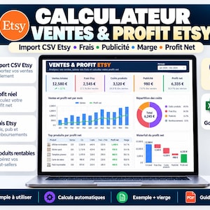 May include: A laptop screen displaying an Etsy sales and profit calculator dashboard with charts, tables, and financial data. The interface includes sections for CSV import, fees, advertising, and net profit, with icons for Excel and Google Sheets compatibility.