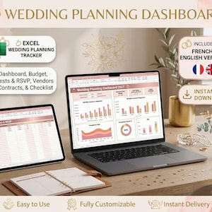 Peut inclure: Un tableau de bord numérique pour l'organisation de mariage affiché sur un ordinateur portable et une tablette, comprenant des feuilles Excel pour le budget, les invités, les RSVP, les contrats et une liste de tâches, incluant des versions française et anglaise.