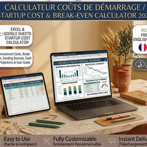 Op de afbeelding: Een digitale startup-kosten- en break-even-calculator voor 2027, weergegeven op een laptop- en tabletscherm. Het dashboard bevat financiële grafieken, investeringsanalyses en financieringsbronnen, inclusief labels voor Excel- en Google Sheets-compatibiliteit.