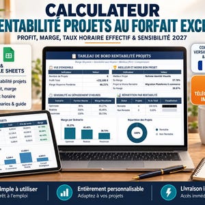 May include: A digital project profitability calculator for Excel and Google Sheets displayed on a laptop and tablet screen. The interface shows dashboards with project data, profit margins, hourly rates, and sensitivity analysis for 2027.