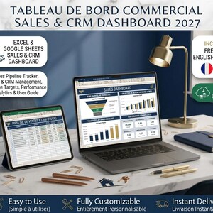 Peut inclure: Un modèle de tableau de bord commercial et CRM pour Excel et Google Sheets affiché sur un ordinateur portable et une tablette. L'écran présente des graphiques, des pipelines de vente et des analyses de performance en versions française et anglaise.