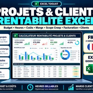 Può includere: Uno schermo di un portatile mostra un toolkit Excel per la redditività di progetti e clienti, con grafici, dati finanziari e tabelle. L'interfaccia include sezioni per budget, ore, costi e margini, con testo in francese e inglese.
