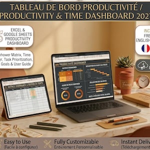 Peut inclure: Un tableau de bord de productivité et de gestion du temps pour 2027 affiché sur un ordinateur portable et une tablette. L'écran présente une matrice d'Eisenhower, la priorisation des tâches et des objectifs quotidiens.