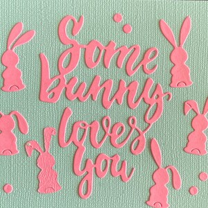 May include: A light green card with the words "Some bunny loves you" in pink script. There are six pink bunny cutouts around the text.