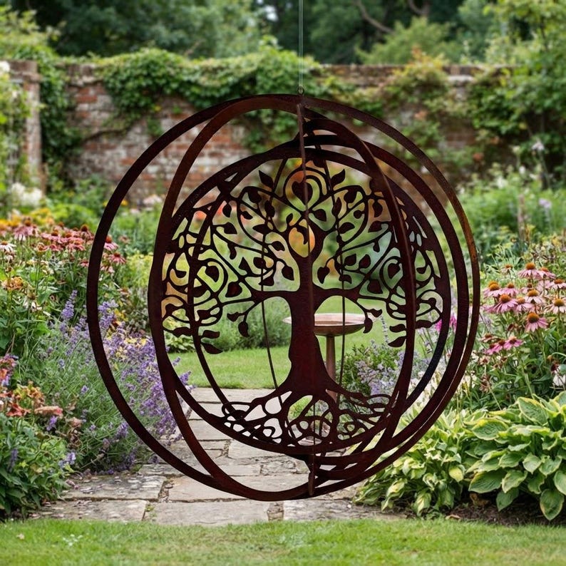 Support Rings For Spherical Objects Rustic Metal Garden Spinner, Hanging Wind Sculpture, Outdoor Yard Decor ...