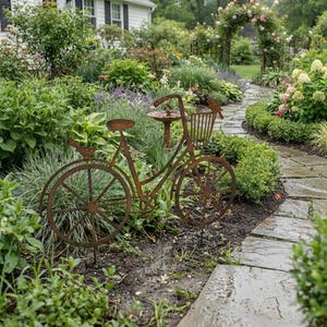 Könnte beinhalten: Eine rostfarbene Metall-Gartenskulptur in Form eines Fahrrads mit einem Frontkorb und einer kleinen Vogelfigur auf dem Lenker. Der Fahrradrahmen besteht aus dünnen Metallstangen und verfügt über zwei große Speichenräder.