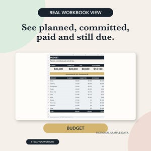 May include: A digital budget spreadsheet template featuring a table with columns for planned, committed, paid, and outstanding amounts. The text reads REAL WORKBOOK VIEW, See planned, committed, paid and still due, BUDGET, and FICTIONAL SAMPLE DATA.