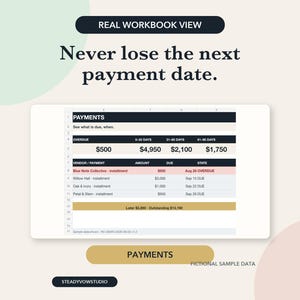 May include: A digital spreadsheet template titled REAL WORKBOOK VIEW with the text Never lose the next payment date. The table displays columns for OVERDUE, 0-30 DAYS, 31-60 DAYS, and 61-90 DAYS with financial data, vendor names, and payment due dates.