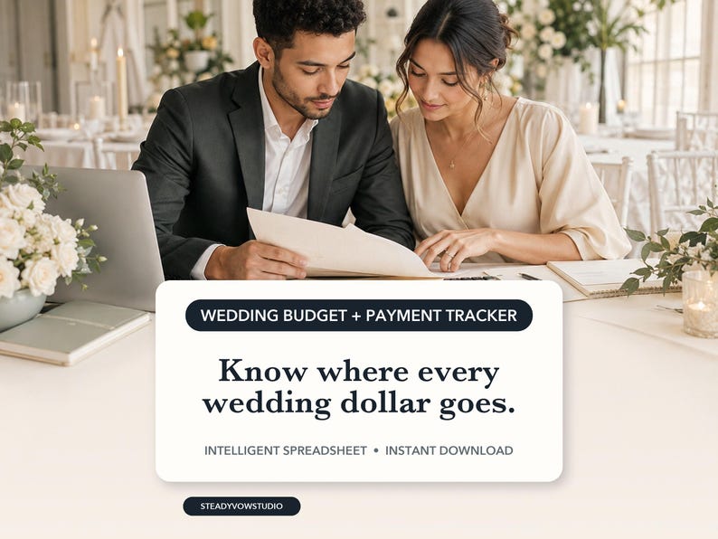 May include: A digital wedding budget and payment tracker spreadsheet featuring the text 'WEDDING BUDGET + PAYMENT TRACKER', 'Know where every wedding dollar goes.', 'INTELLIGENT SPREADSHEET &bull; INSTANT DOWNLOAD', and the brand name 'STEADYVOWSTUDIO'.
