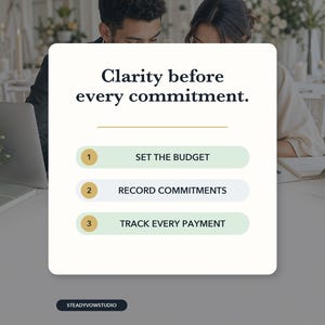 May include: A white rectangular graphic with the text Clarity before every commitment. It features three numbered steps: 1 SET THE BUDGET, 2 RECORD COMMITMENTS, and 3 TRACK EVERY PAYMENT, with a small STEADYVOWSTUDIO logo at the bottom.