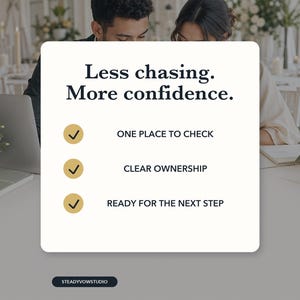 May include: A white rectangular graphic with dark text reading Less chasing. More confidence. It features three gold circular icons with black checkmarks, followed by the text: ONE PLACE TO CHECK, CLEAR OWNERSHIP, and READY FOR THE NEXT STEP.