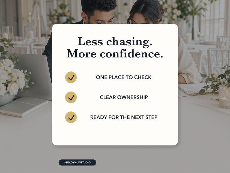 May include: A white rectangular graphic with dark text reading Less chasing. More confidence. It features three gold circular icons with black checkmarks, followed by the text: ONE PLACE TO CHECK, CLEAR OWNERSHIP, and READY FOR THE NEXT STEP.