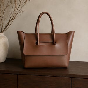 Puede incluir: Un bolso tote de cuero marrón medio con una silueta estructurada, una solapa frontal ancha que integra las dos asas superiores y un compartimento principal espacioso. El bolso tiene un acabado liso y mate con líneas limpias y sencillas.