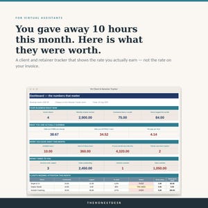 May include: A digital dashboard titled VA Client & Retainer Tracker displaying business metrics. Text reads: You gave away 10 hours this month. Here is what they were worth. A client and retainer tracker that shows the rate you actually earn.