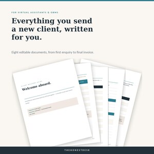 Peut inclure: Un ensemble de huit documents modifiables pour assistants virtuels et OBM, sur fond blanc avec des accents bleu foncé et rose clair. Le texte indique : For virtual assistants & OBMs, Everything you send a new client, written for you.