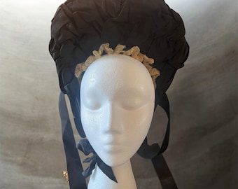 Late 1870s–80s Black Silk Victorian Bonnet with Ivory Ruffle Trim Antique Mourning Hat for Display or Costume Study
