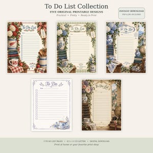 May include: A collection of five printable to-do list pages featuring decorative borders with illustrations of flowers, books, teacups, and pitchers. Each page includes a header reading To Do List, a date line, and a series of checkboxes with horizontal lines.