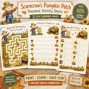 May include: Three preschool activity sheets titled Scarecrow's Pumpkin Patch featuring a maze, scissor practice with dashed lines, and number tracing from 1 to 10. The pages include illustrations of a scarecrow, pumpkins, sunflowers, and hay bales.