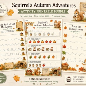 Op de afbeelding: Een driedelige printbare activiteitenbundel getiteld Squirrel's Autumn Adventures met oefeningen voor knippen, patronen afmaken en overtrekken, voorzien van illustraties van eekhoorns, herfstbladeren, eikels en pompoenen op 21,6 bij 27,9 cm pagina's.