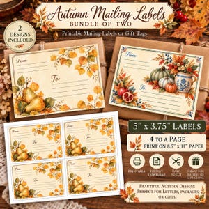 Könnte beinhalten: Ein Set aus druckbaren Herbst-Versandetiketten mit den Maßen 12,7 cm mal 9,5 cm. Die Designs zeigen Illustrationen von Birnen, Kürbissen und Granatäpfeln mit Herbstlaub. Jedes Etikett enthält Zeilen für Absender- und Empfängeradressen.