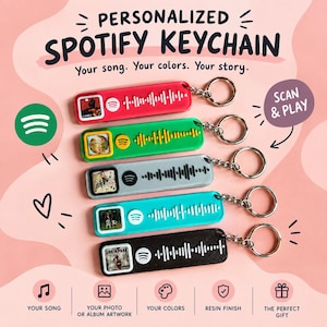 Puede incluir: Cinco llaveros rectangulares en rojo, verde, gris, azul cerceta y negro, cada uno con una imagen de portada de álbum cuadrada, un logotipo de Spotify y un código de onda sonora escaneable. El texto dice PERSONALIZED SPOTIFY KEYCHAIN, Your song. Your colors. Your story., SCAN & PLAY, YOUR SONG, YOUR PHOTO OR ALBUM ARTWORK, YOUR COLORS, RESIN FINISH, THE PERFECT GIFT.