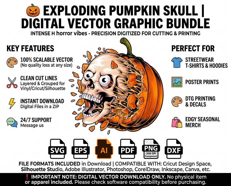 May include: A digital vector graphic bundle featuring an exploding pumpkin skull illustration. The text reads EXPLODING PUMPKIN SKULL | DIGITAL VECTOR GRAPHIC BUNDLE. Includes SVG, EPS, AI, PDF, PNG, and DXF file formats for cutting and printing.