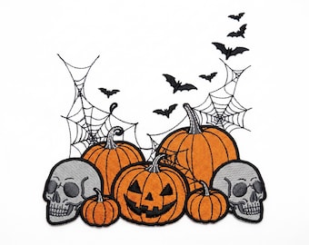 Halloween Pumpkin Skull Embroidery Design – Spooky Bat Web Scene Patch File ( Digital files )