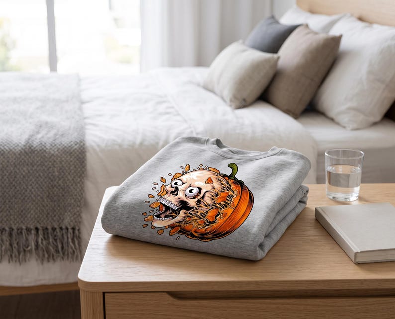 May include: A light grey crewneck sweatshirt featuring a graphic print of a human skull emerging from a carved orange pumpkin. The skull has wide, startled eyes and an open mouth, with orange pumpkin shards floating around the central design.