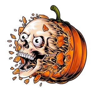 May include: A graphic illustration of a human skull bursting out from the centre of a bright orange pumpkin. The skull has wide, startled eyes and an open jaw, with orange pumpkin shards and pulp flying outward in a dynamic, explosive motion.