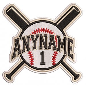 May include: An embroidered patch featuring two crossed black baseball bats behind a white baseball with red stitching. The text ANYNAME is arched in black over the number 1, all outlined in cream and black thread on a white background.