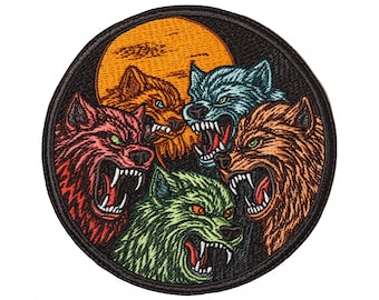 Wild Wolf Pack Circle Patch Embroidery Design – Snarling Wolves Full Moon Emblem (Digital Download)